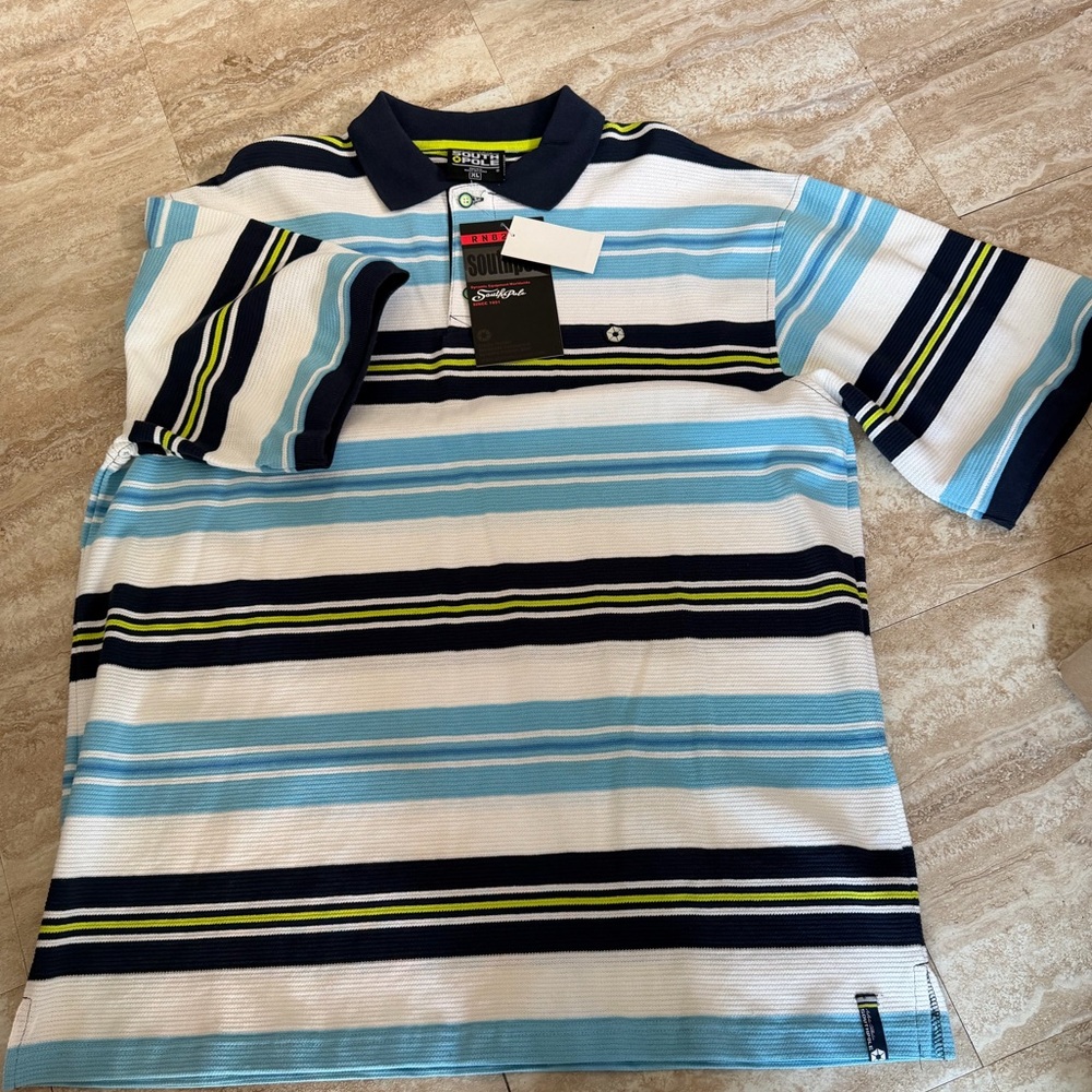 South Pole Men's Polo Shirt with Blue, White, and Black Stripes